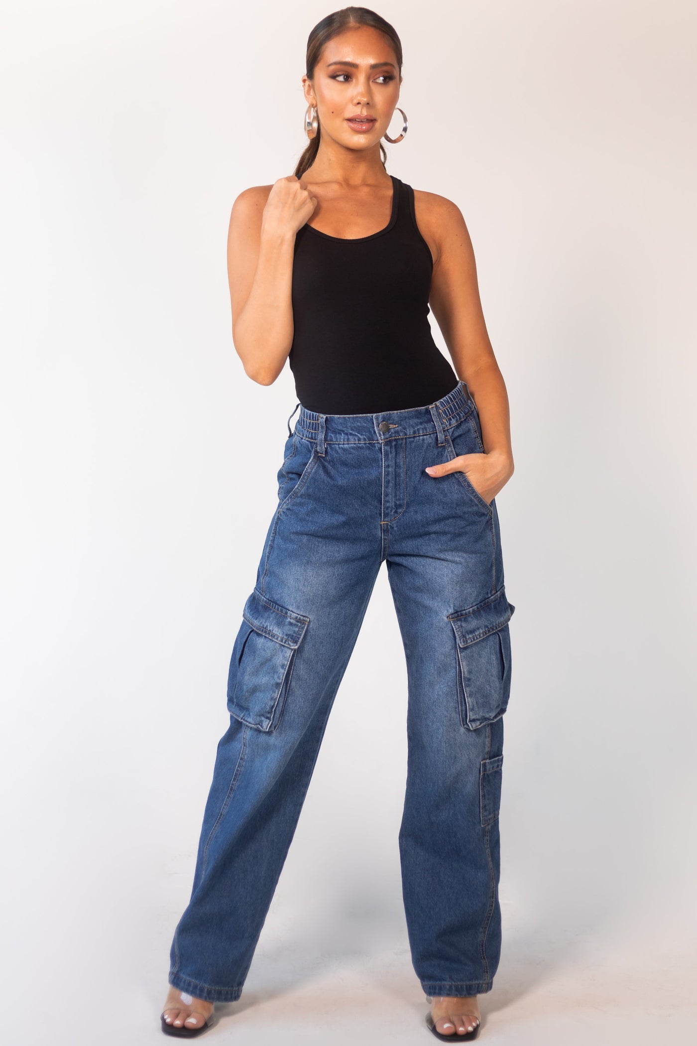 Dark Wash High Rise Elastic Waist Cargo Jeans