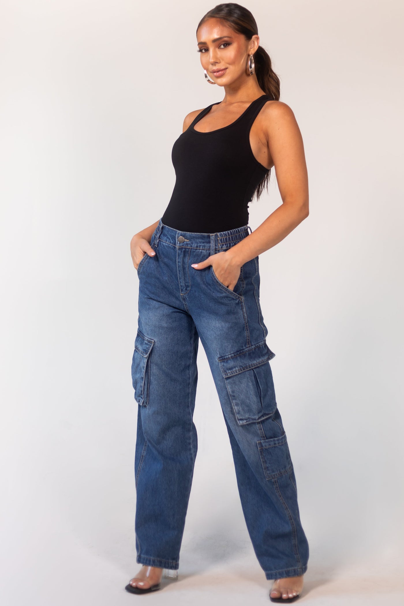 Dark Wash High Rise Elastic Waist Cargo Jeans
