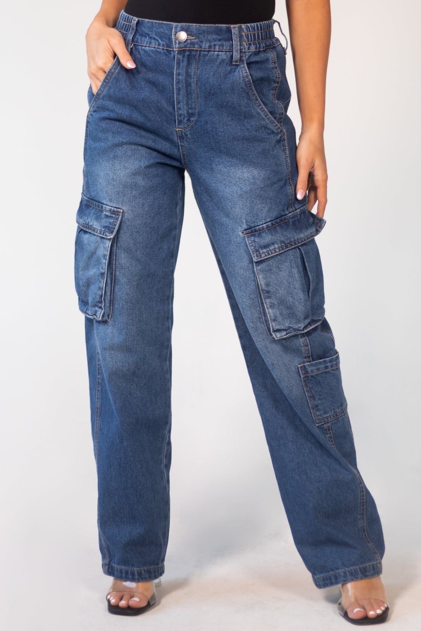 Dark Wash High Rise Elastic Waist Cargo Jeans