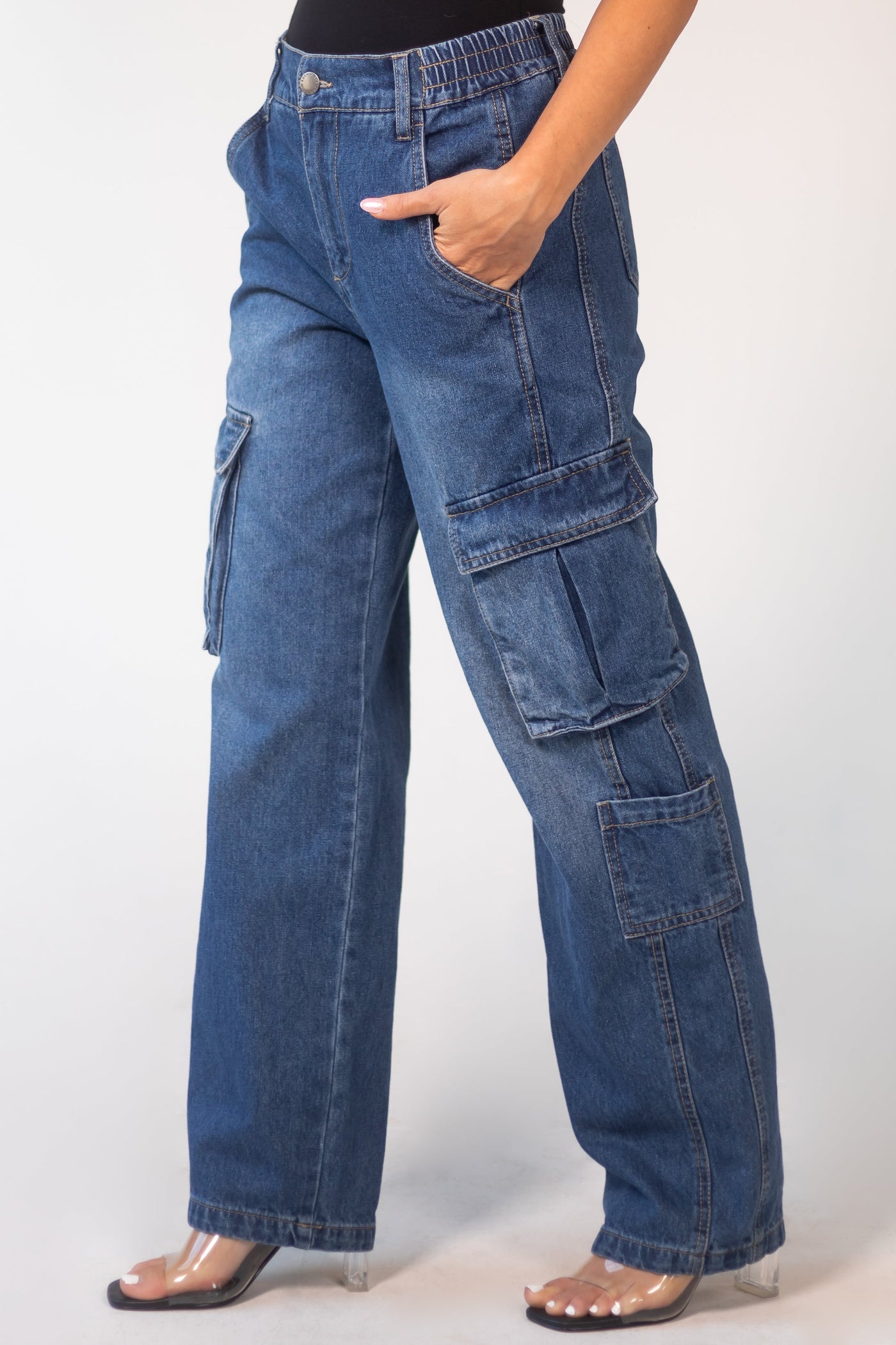 Dark Wash High Rise Elastic Waist Cargo Jeans
