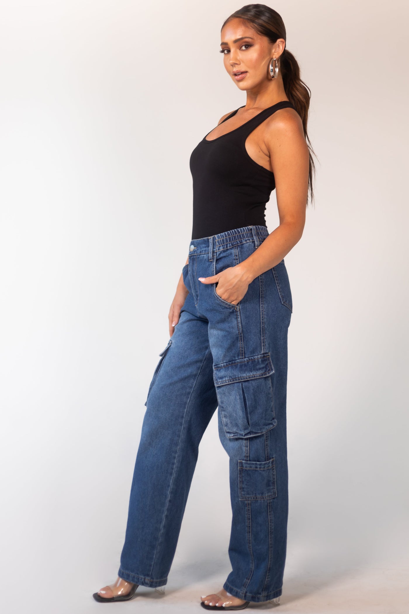 Dark Wash High Rise Elastic Waist Cargo Jeans