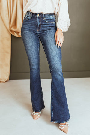 Dark Wash High Rise Flare Denim Zipper Fly Jeans