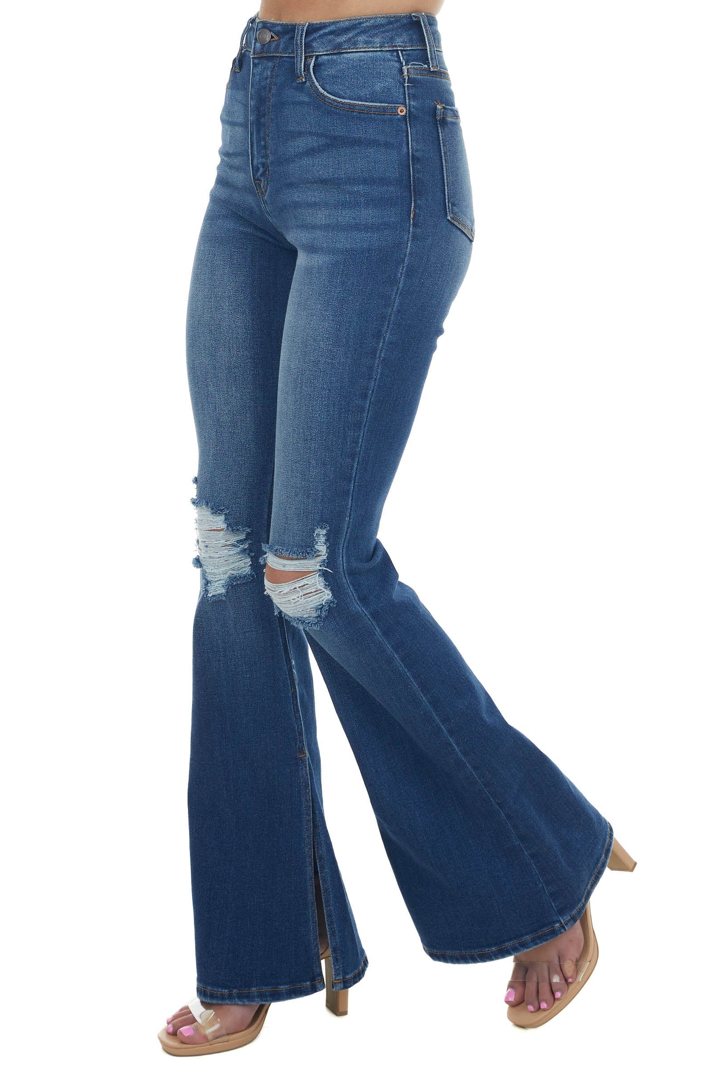 Dark Wash High Rise Flare Jeans with Side Slits