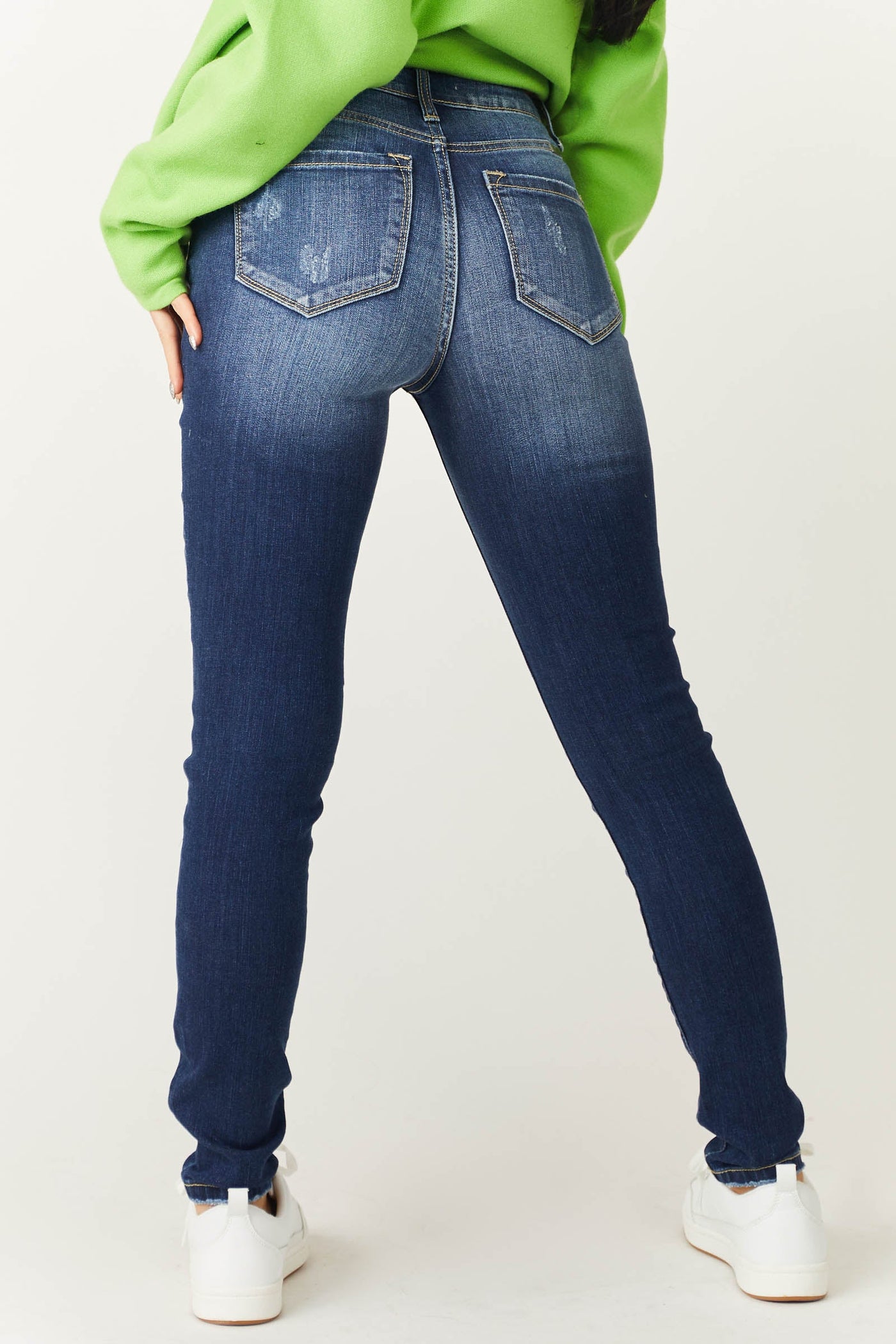 Dark Wash High Rise Super Skinny Jeans with Distress Detail