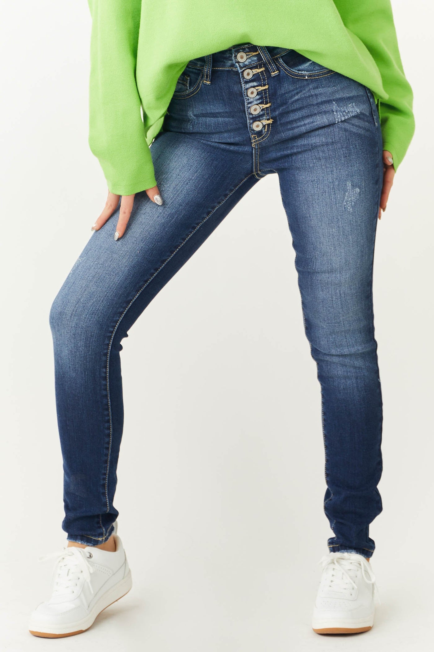 Dark Wash High Rise Super Skinny Jeans with Distress Detail