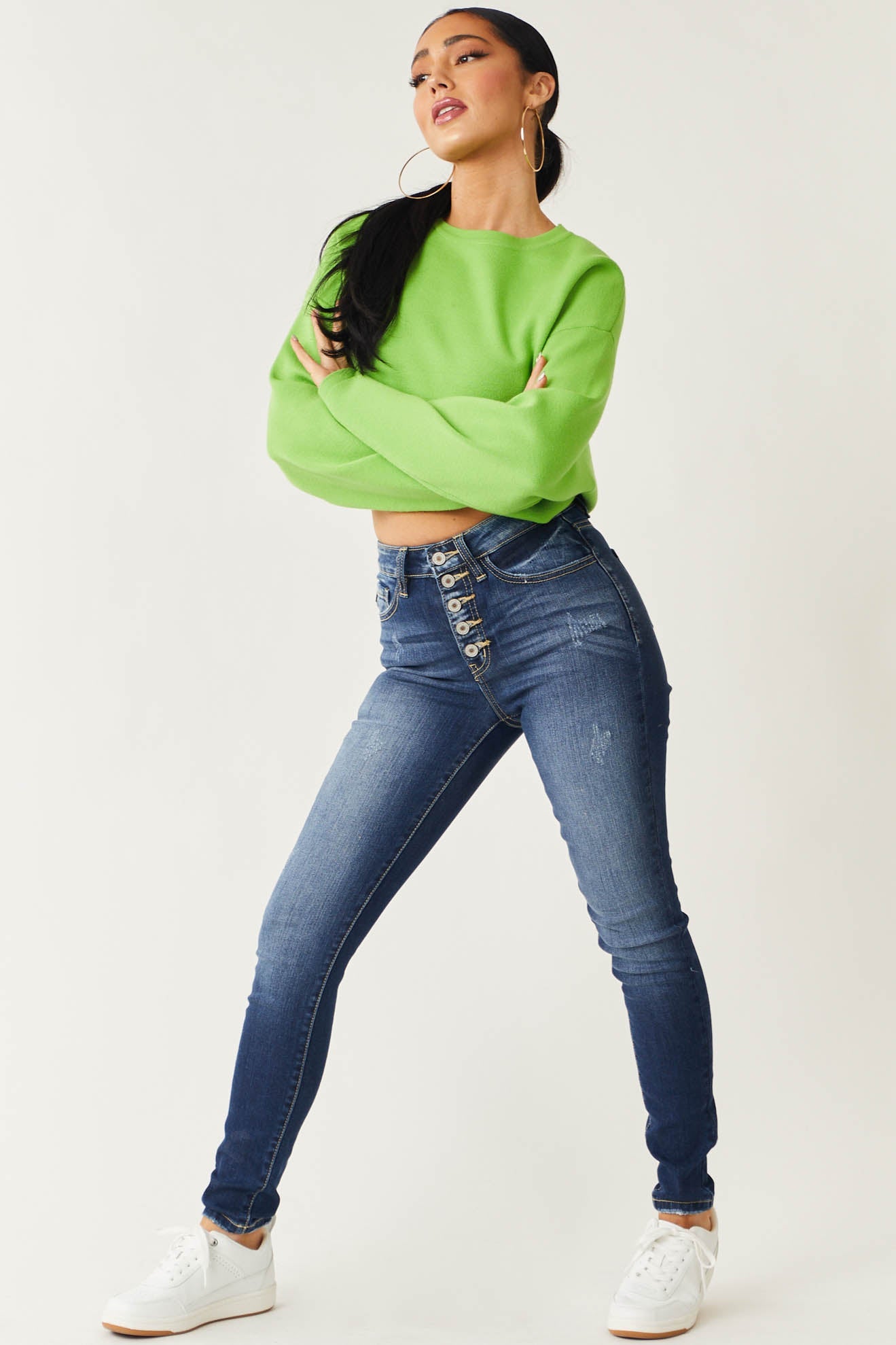 Dark Wash High Rise Super Skinny Jeans with Distress Detail