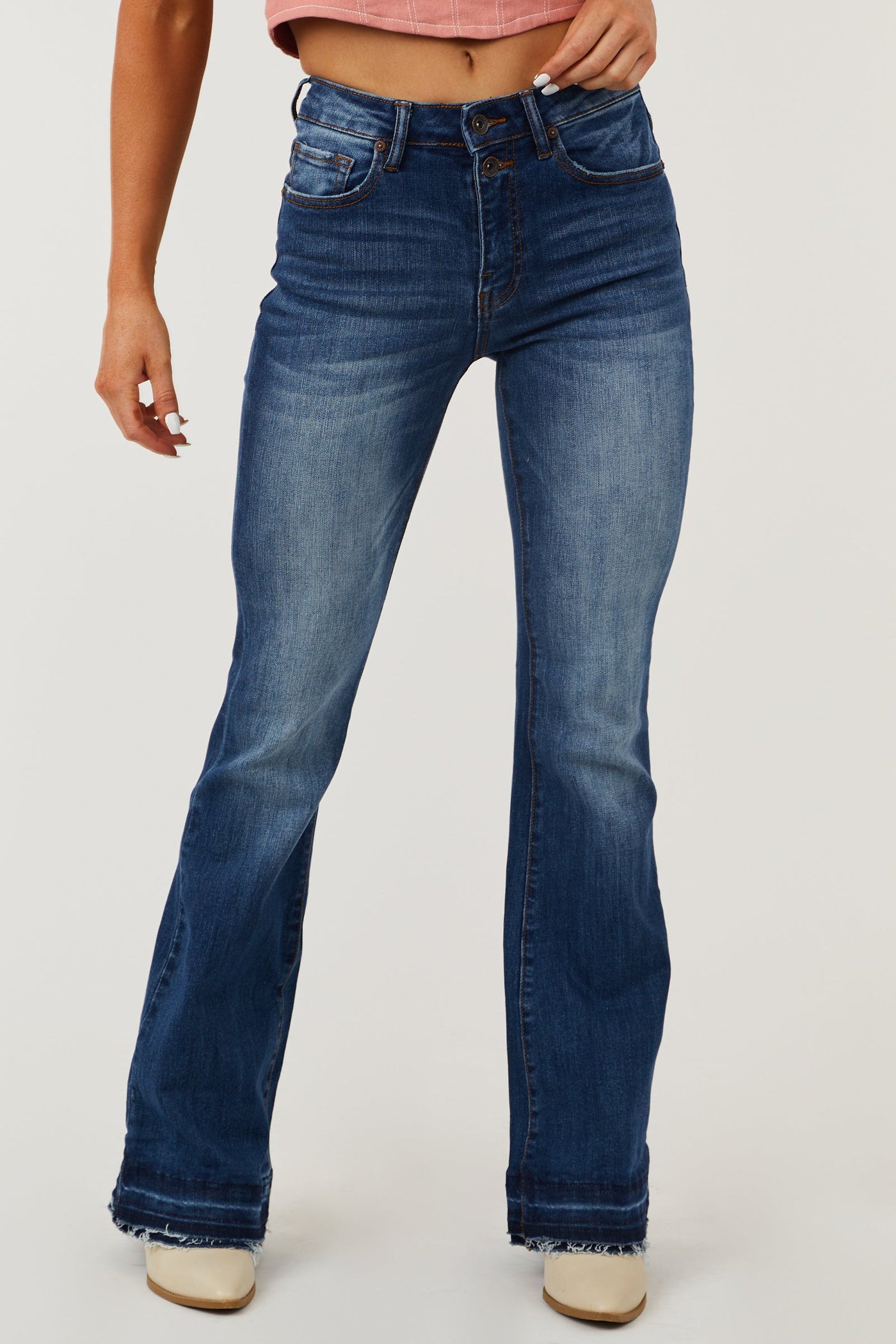 Dark Wash High Rise Tiered Hem Bootcut Jeans