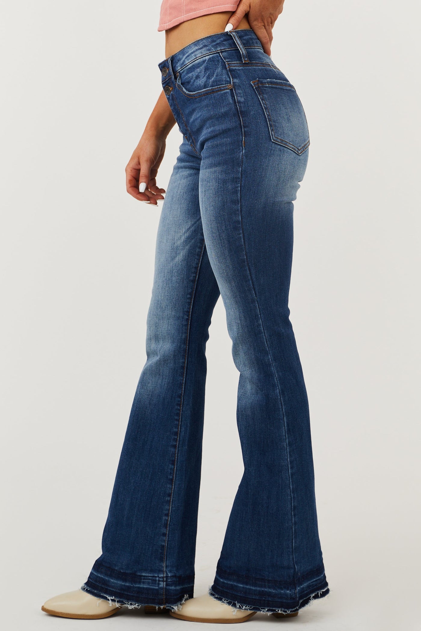 Dark Wash High Rise Tiered Hem Bootcut Jeans