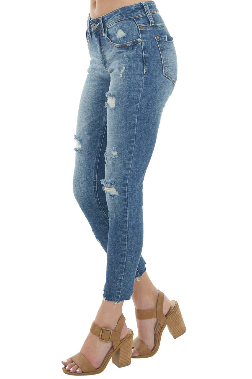 Dark Wash Mid Rise Raw Hem Distressed Jeans