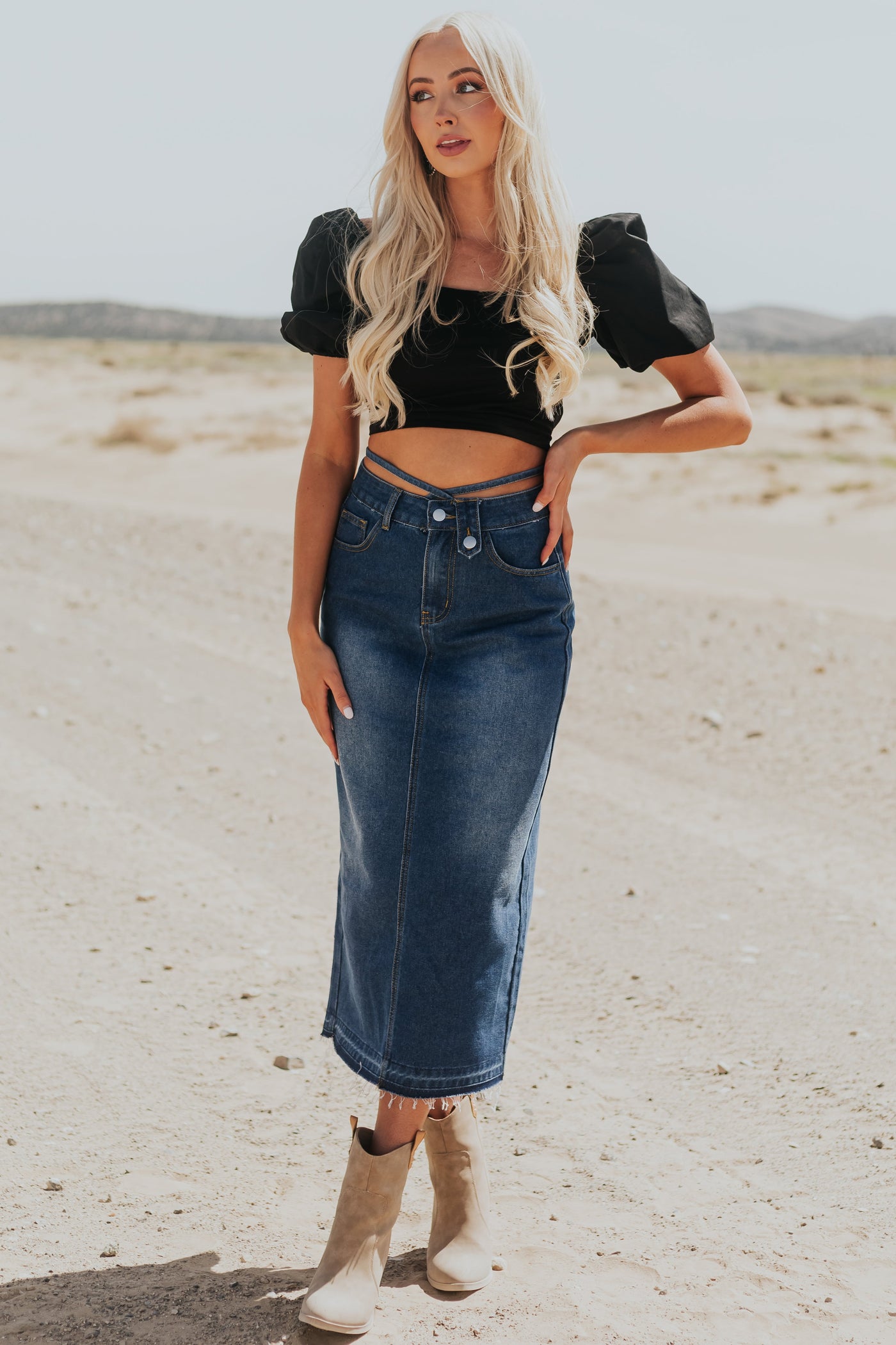 Dark Wash Raw Hem Denim Midi Skirt