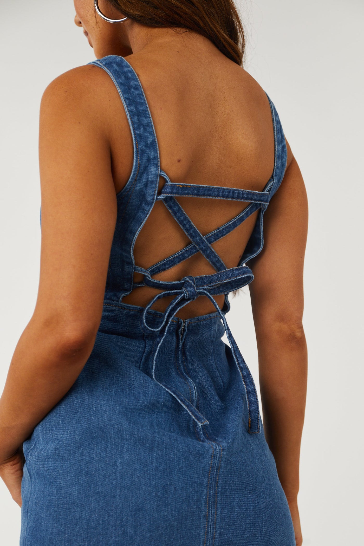 Dark Wash Sleeveless Lace Up Back Denim Mini Dress