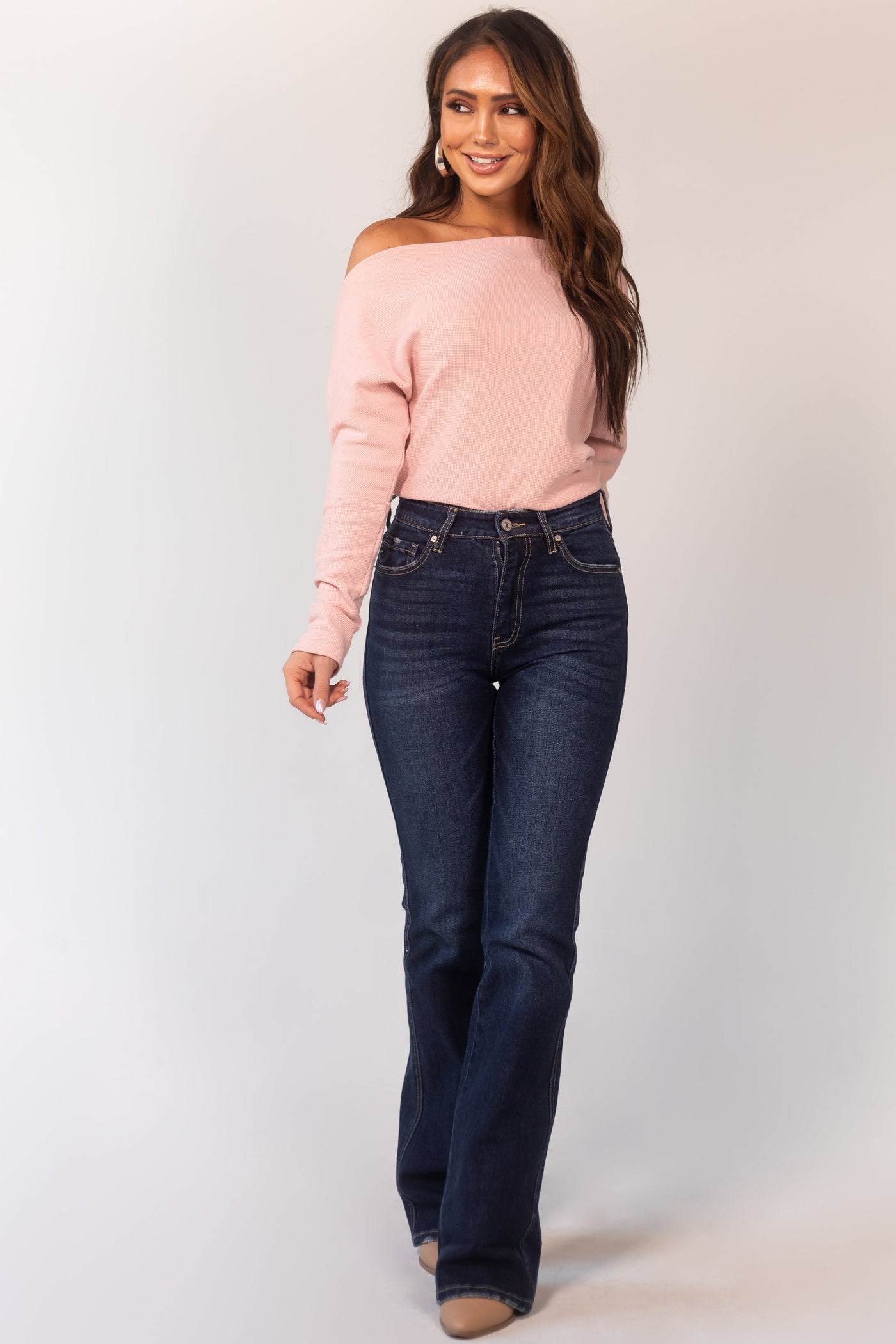 Dark Wash Whiskering Detail Flare Leg Jeans