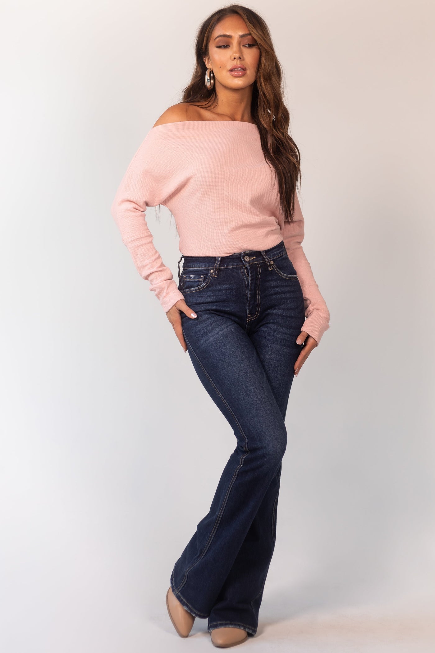 Dark Wash Whiskering Detail Flare Leg Jeans