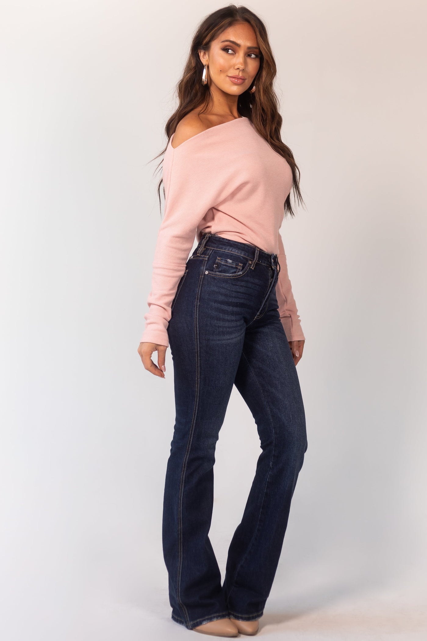 Dark Wash Whiskering Detail Flare Leg Jeans