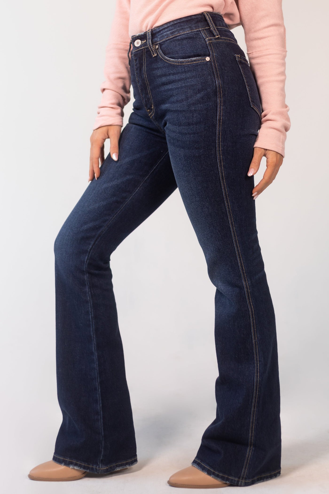 Dark Wash Whiskering Detail Flare Leg Jeans