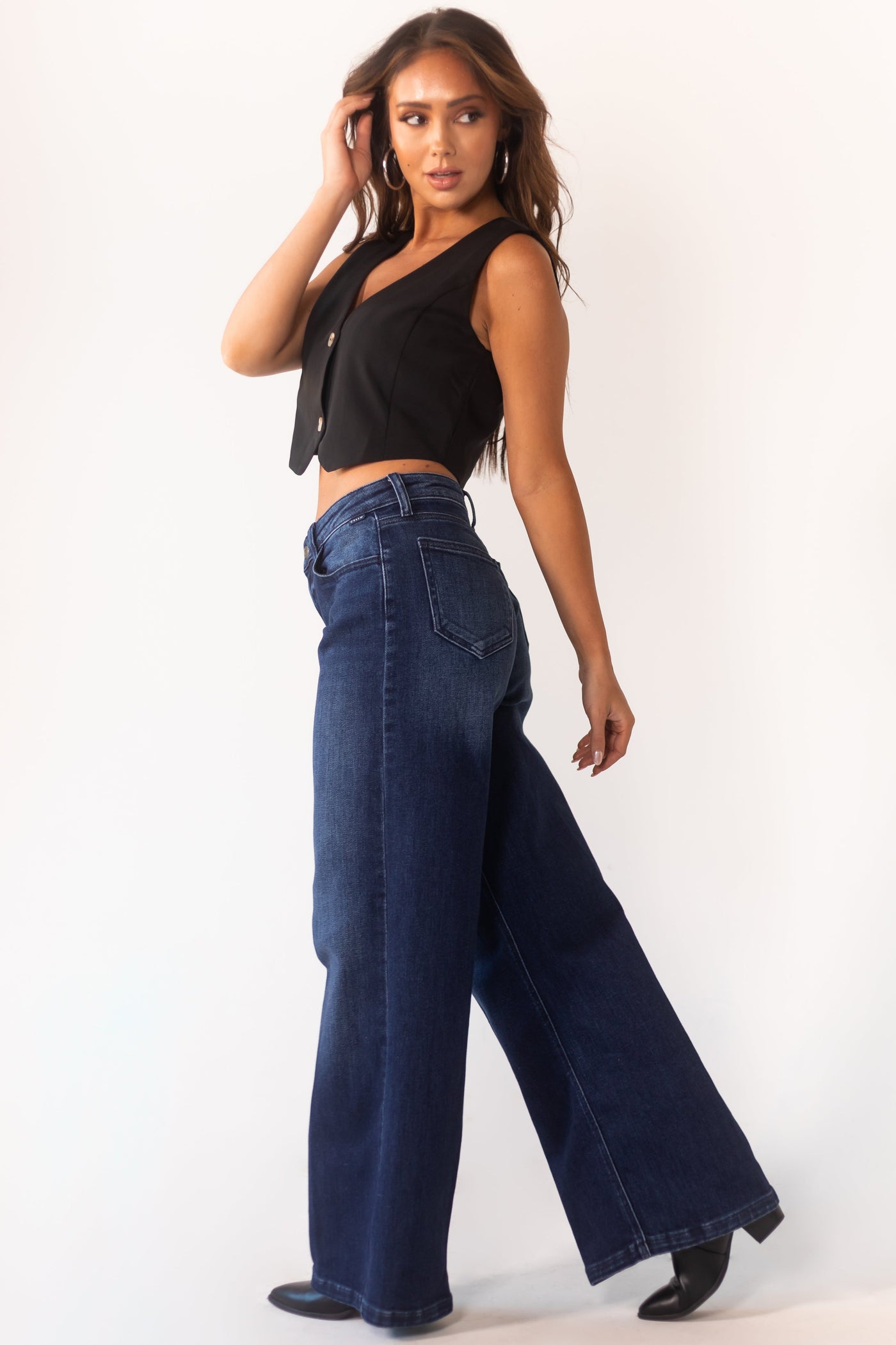 Dark Wash Zipper Fly Wide Leg Jeans