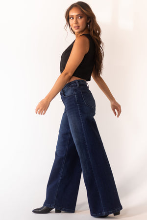 Dark Wash Zipper Fly Wide Leg Jeans