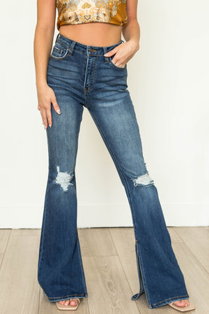 Dark Wash High Rise Flare Jeans with Side Slits