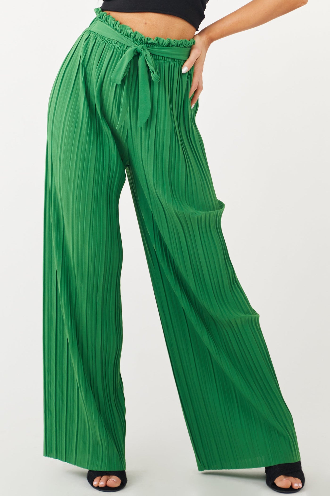 Deep Jade Pleated Wide Leg Waist Tie Pants