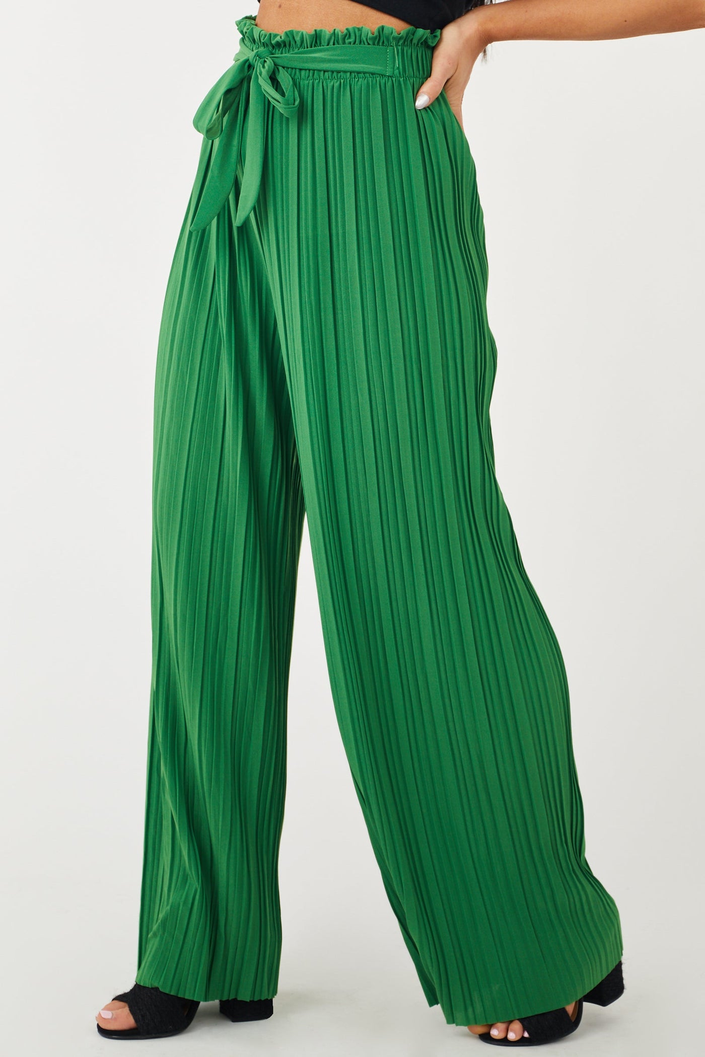 Deep Jade Pleated Wide Leg Waist Tie Pants