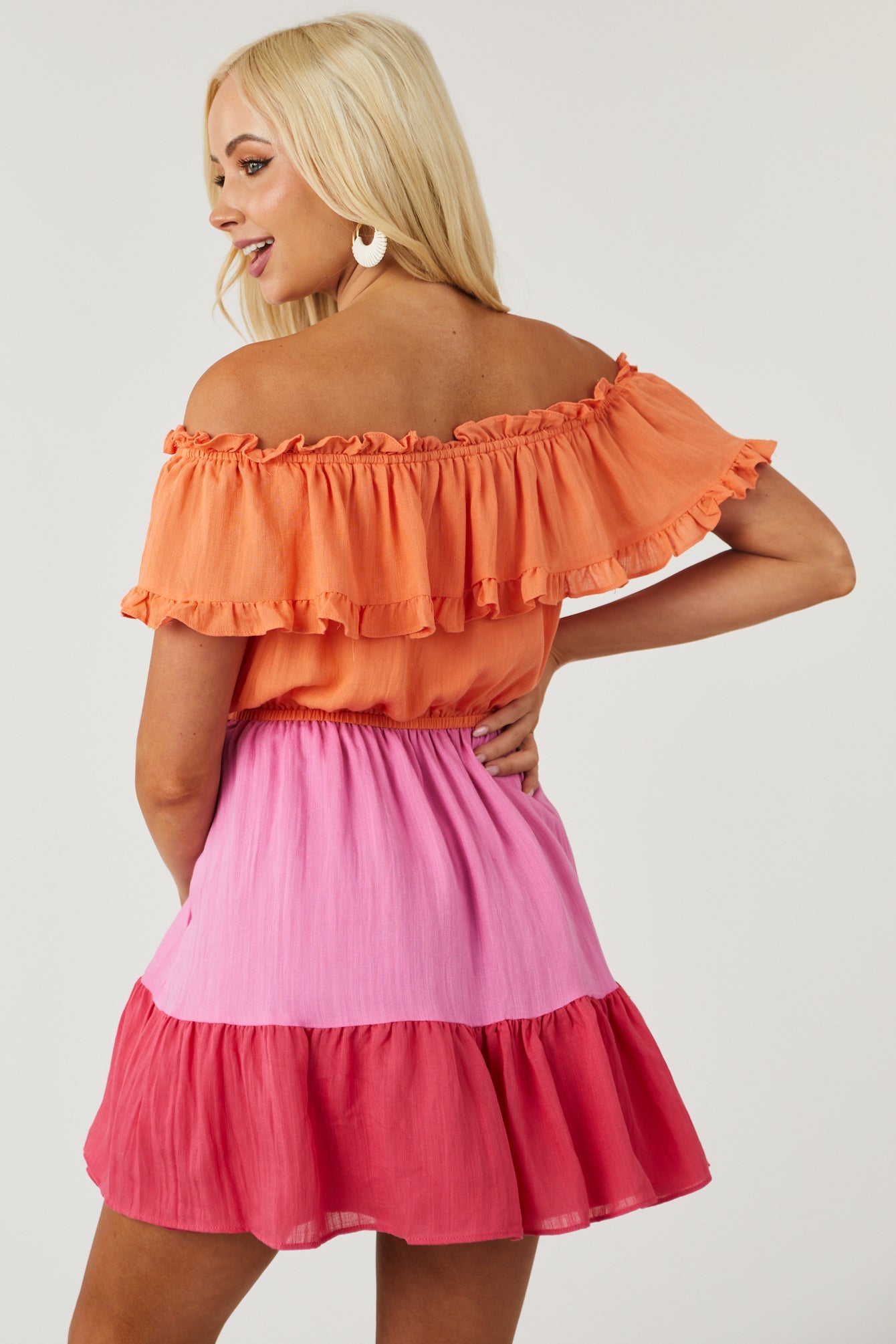 Deep Papaya Colorblock Off the Shoulder Dress