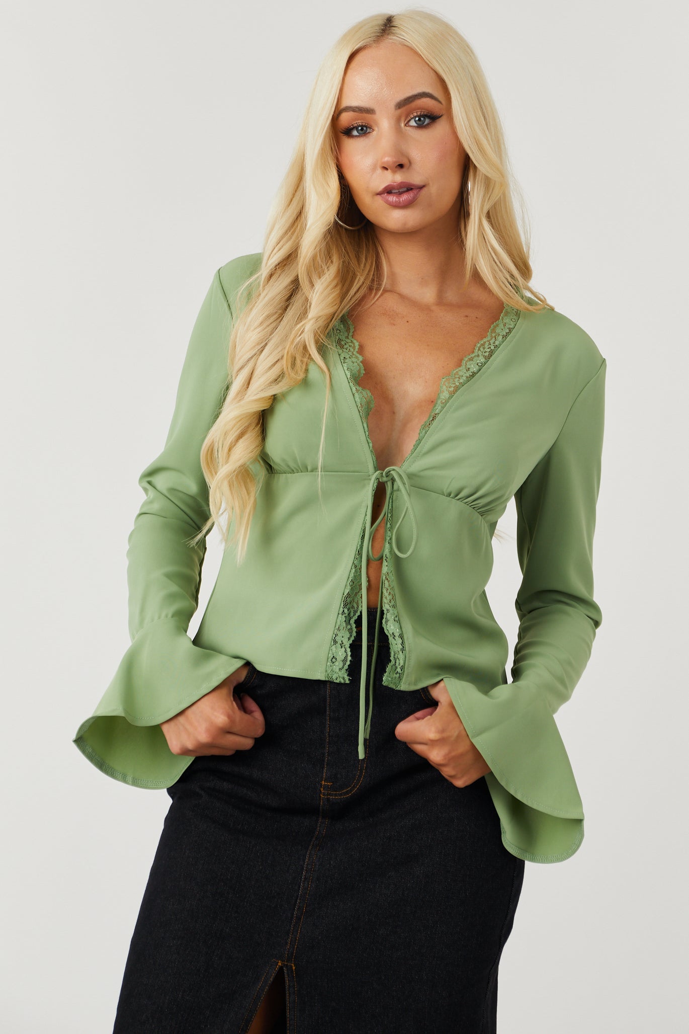 Deep Pistachio Long Sleeve Lace Trim Front Tie Top