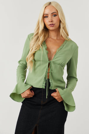 Deep Pistachio Long Sleeve Lace Trim Front Tie Top