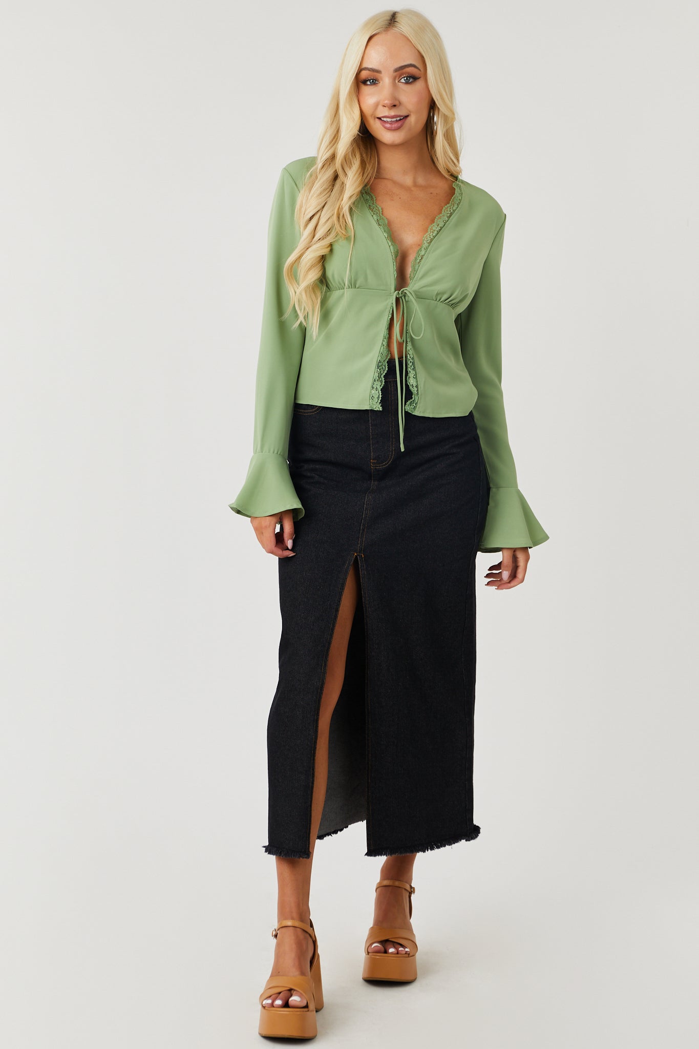 Deep Pistachio Long Sleeve Lace Trim Front Tie Top