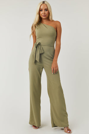 Deep Sage One Shoulder Waist Tie Knit Jumpsuit