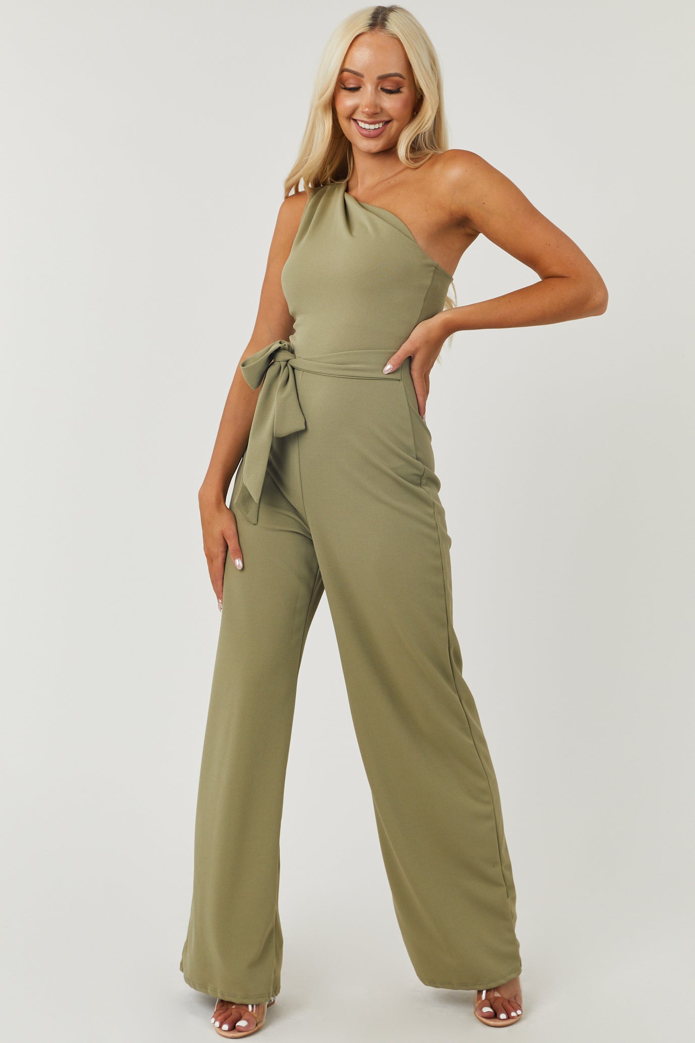 Deep Sage One Shoulder Waist Tie Knit Jumpsuit