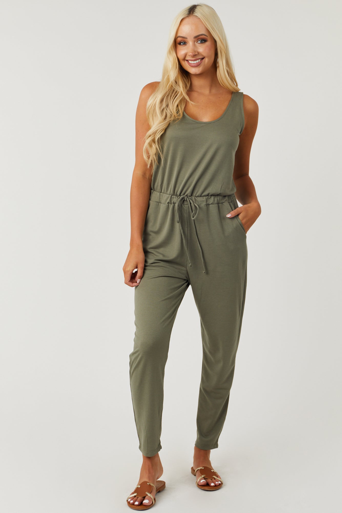 Deep Sage Sleeveless Scoop Neck Knit Jumpsuit