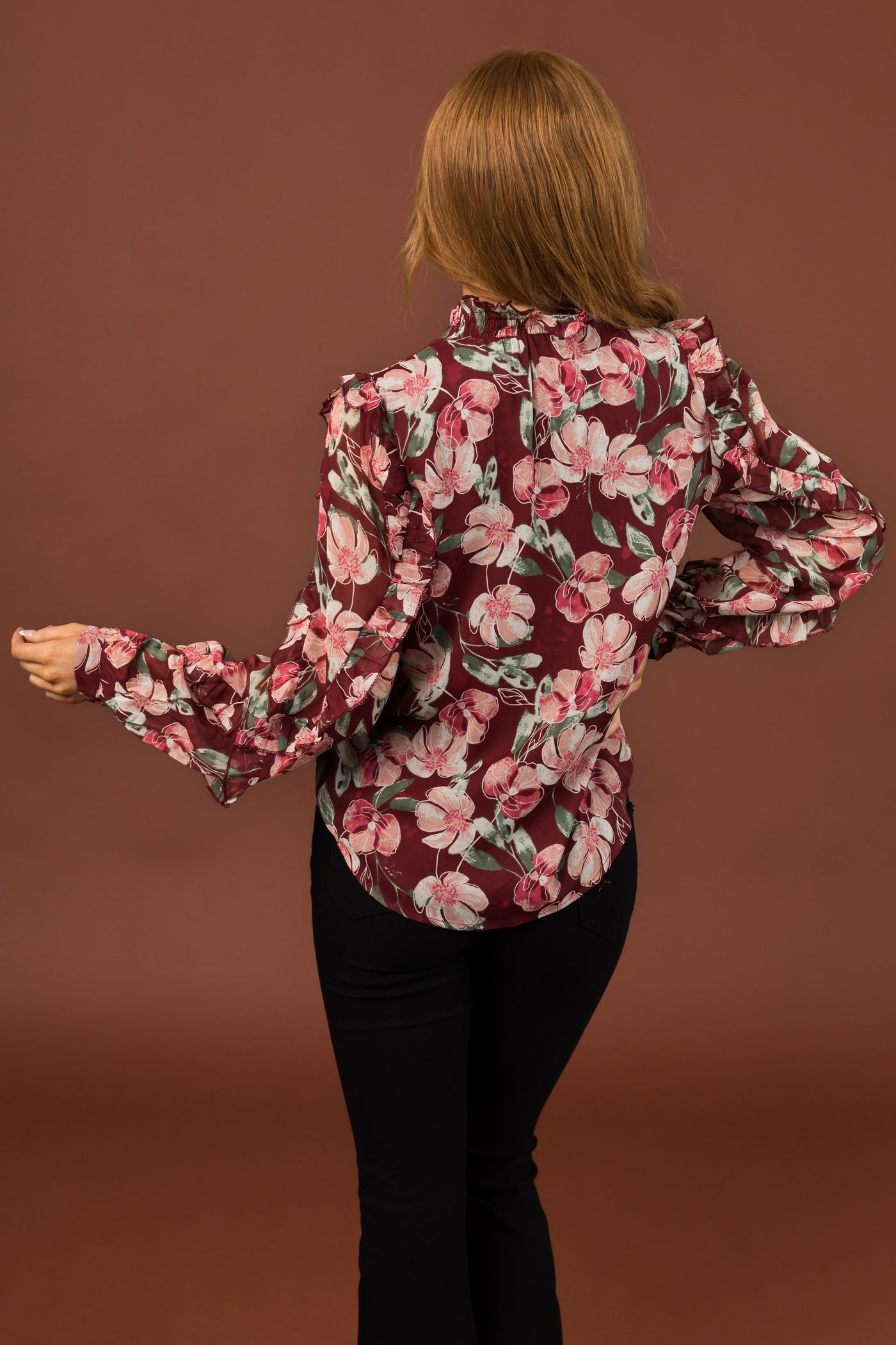 Deep Wine Floral Print Long Sleeve Blouse
