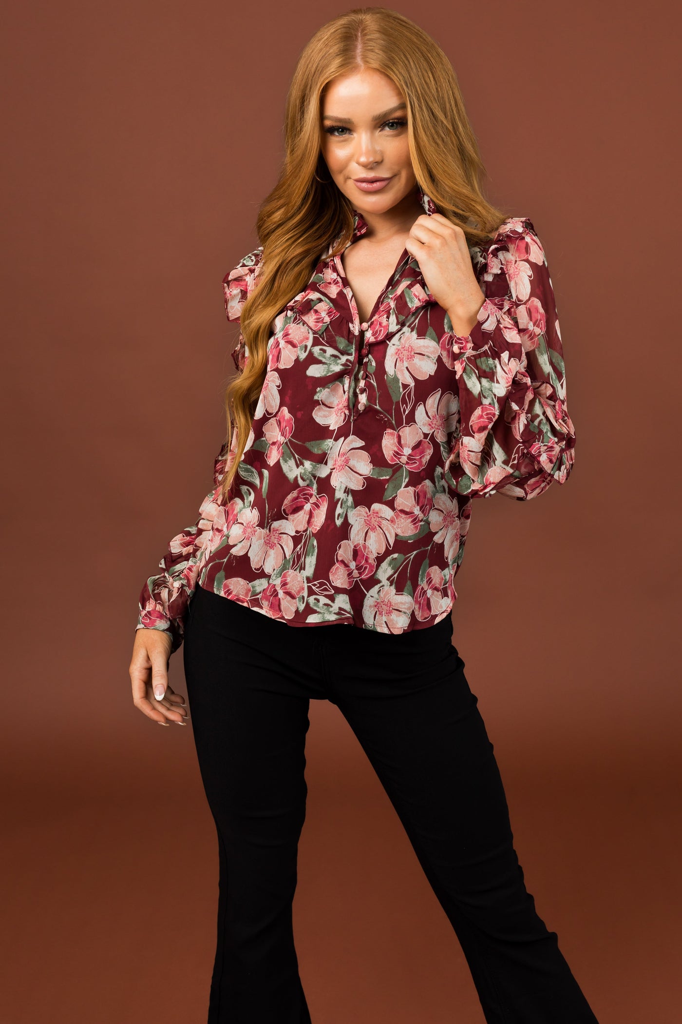 Deep Wine Floral Print Long Sleeve Blouse