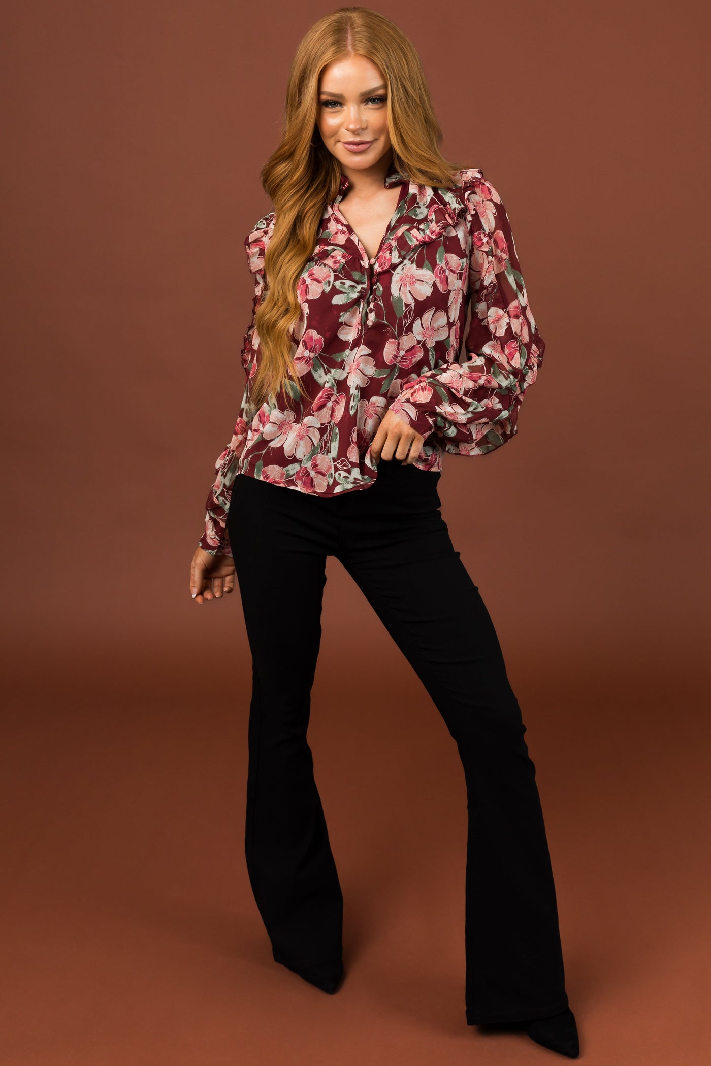 Deep Wine Floral Print Long Sleeve Blouse