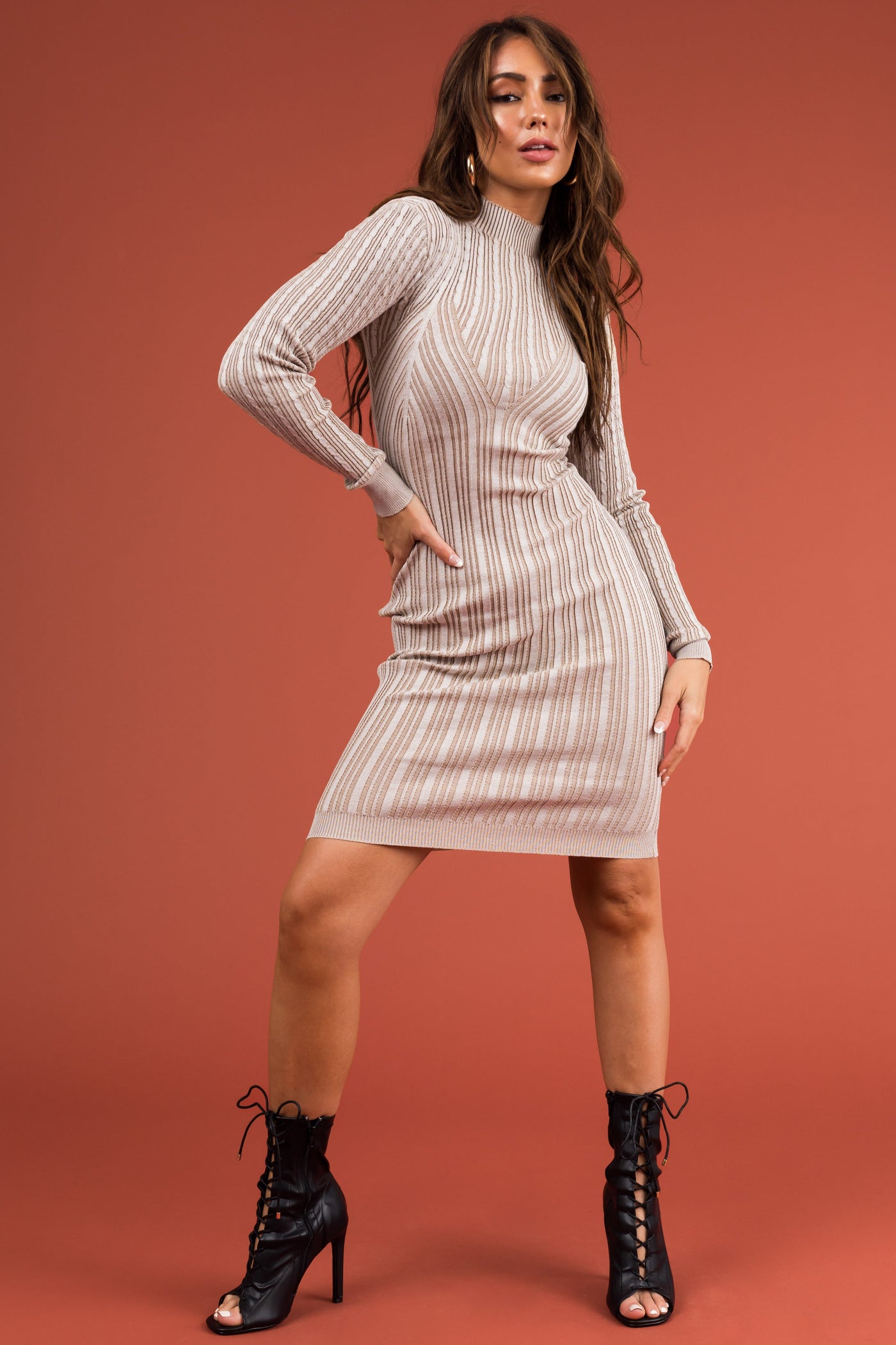 Desert Sand Cable and Ribbed Knit Short Dress