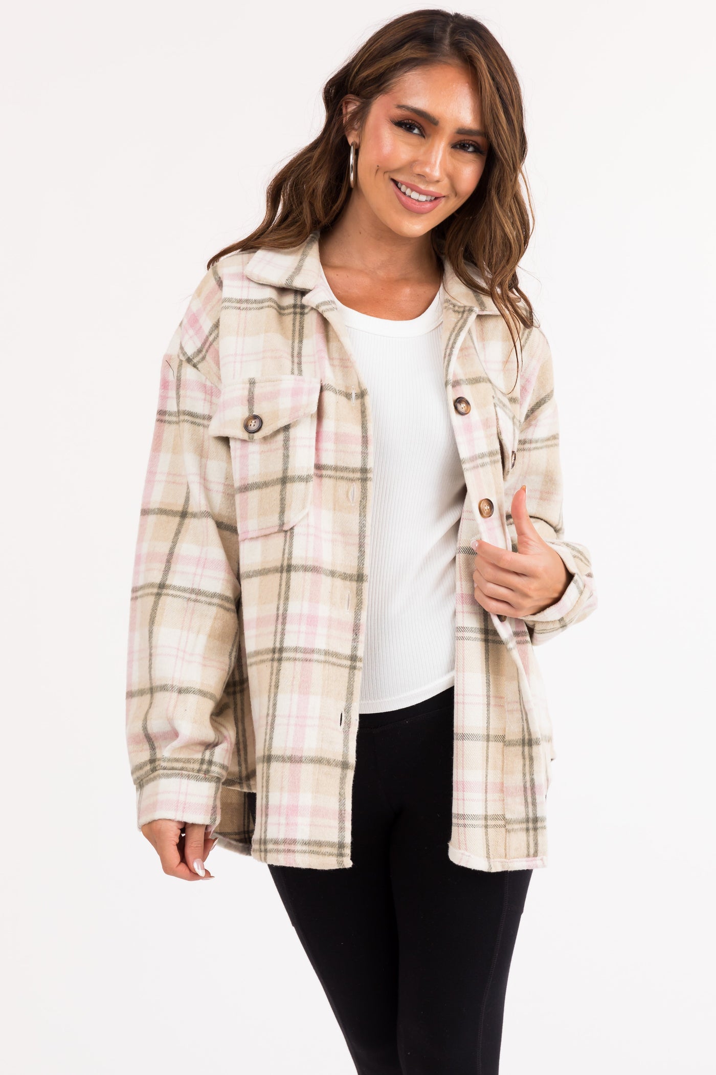 Desert Sand and Pink Plaid Button Up Shacket