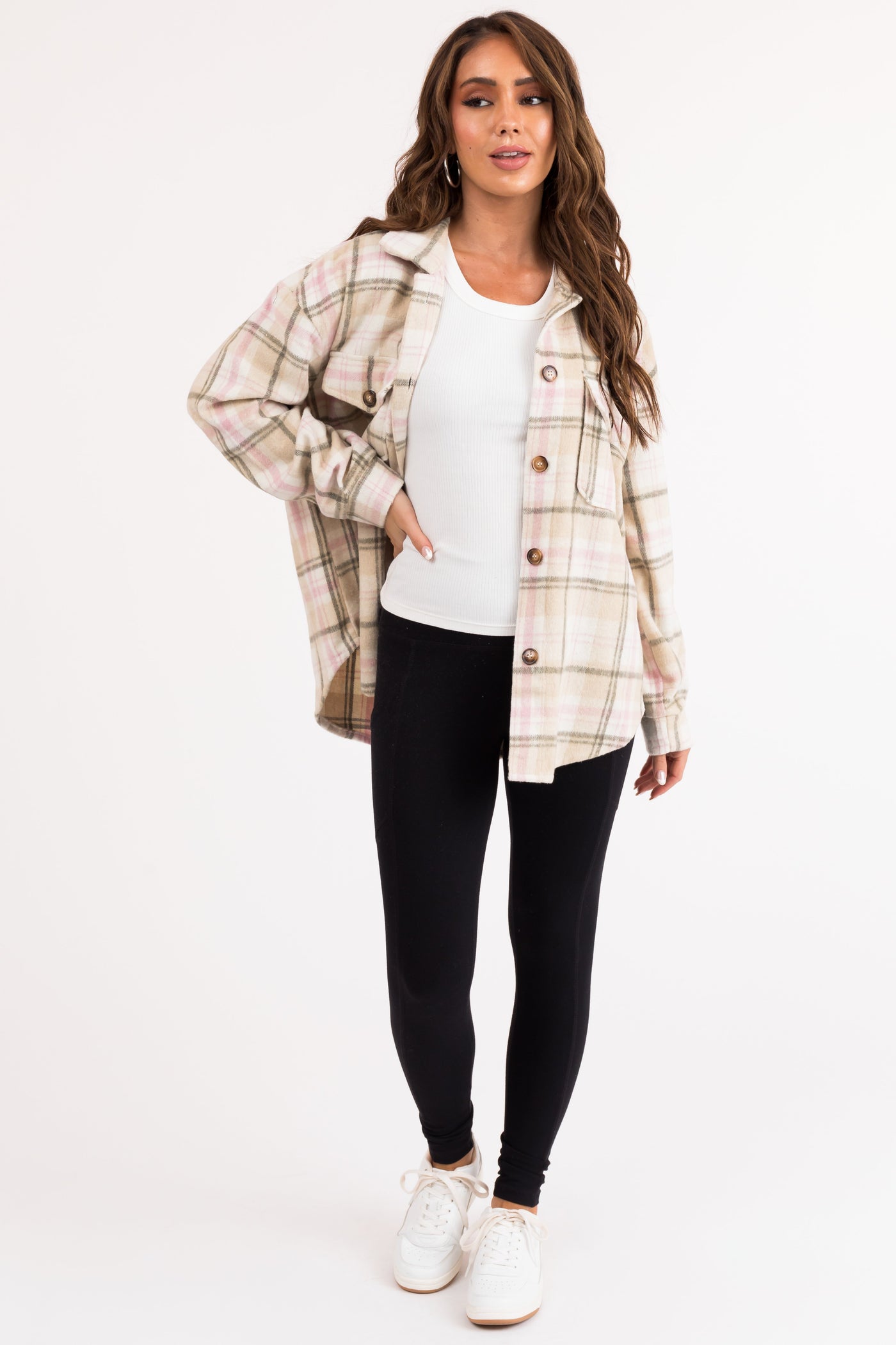 Desert Sand and Pink Plaid Button Up Shacket