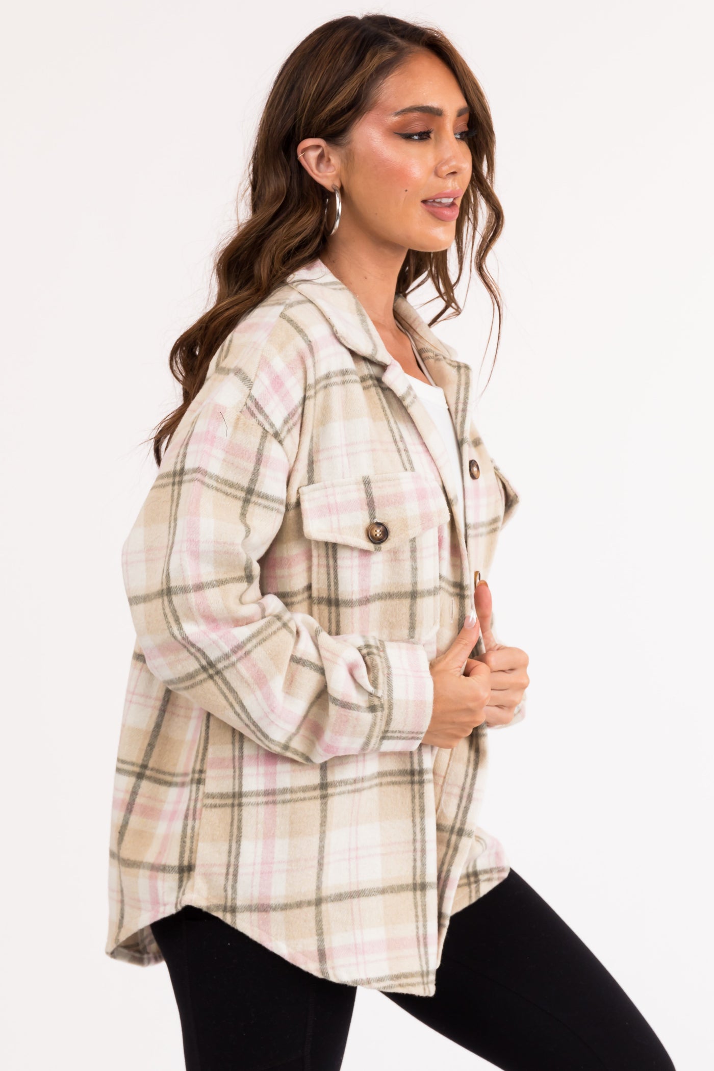 Desert Sand and Pink Plaid Button Up Shacket