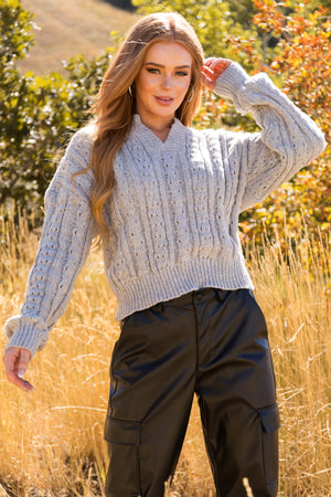 Dove Grey Notch Neck Cable Knit Sweater