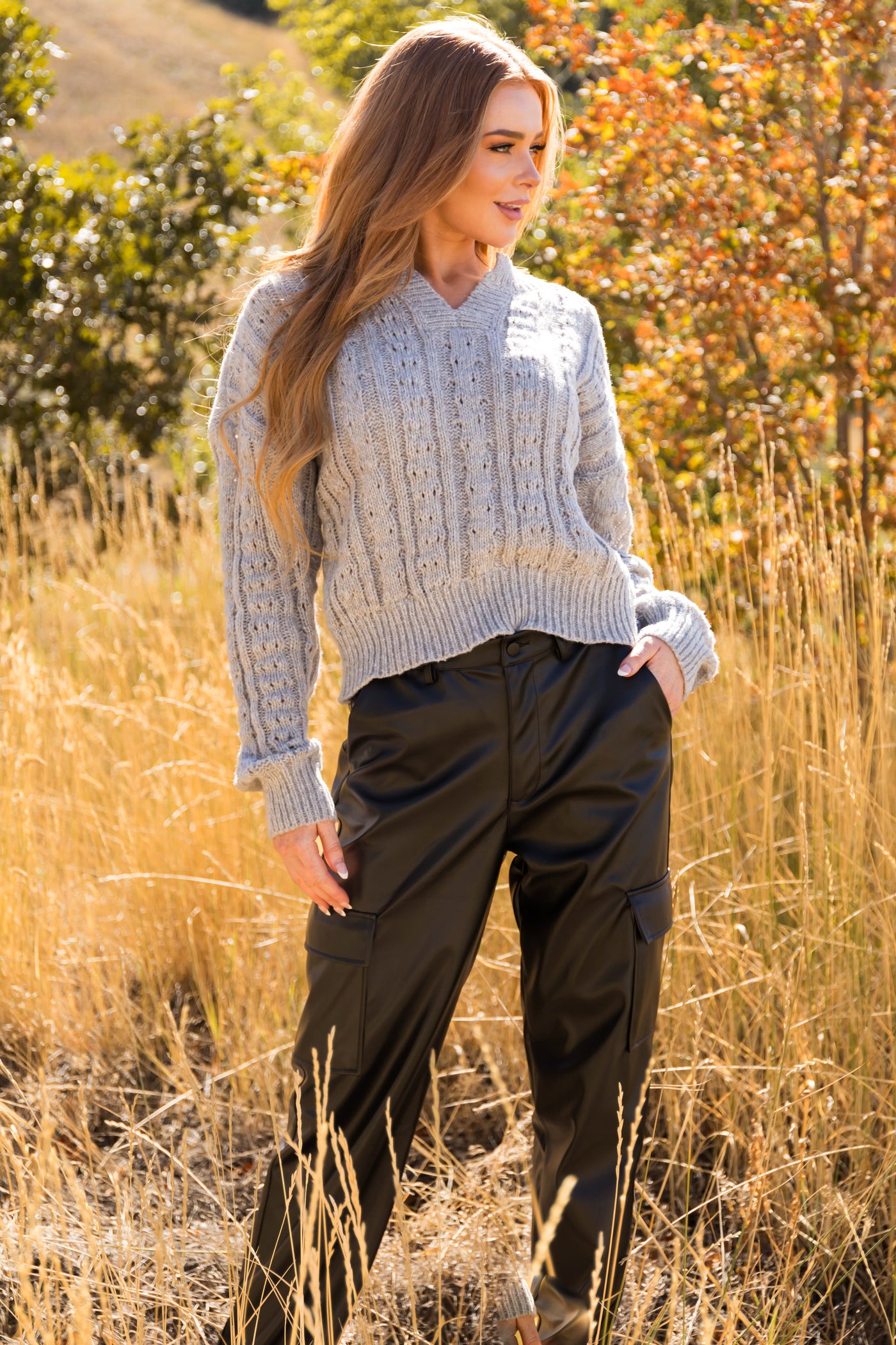 Dove Grey Notch Neck Cable Knit Sweater