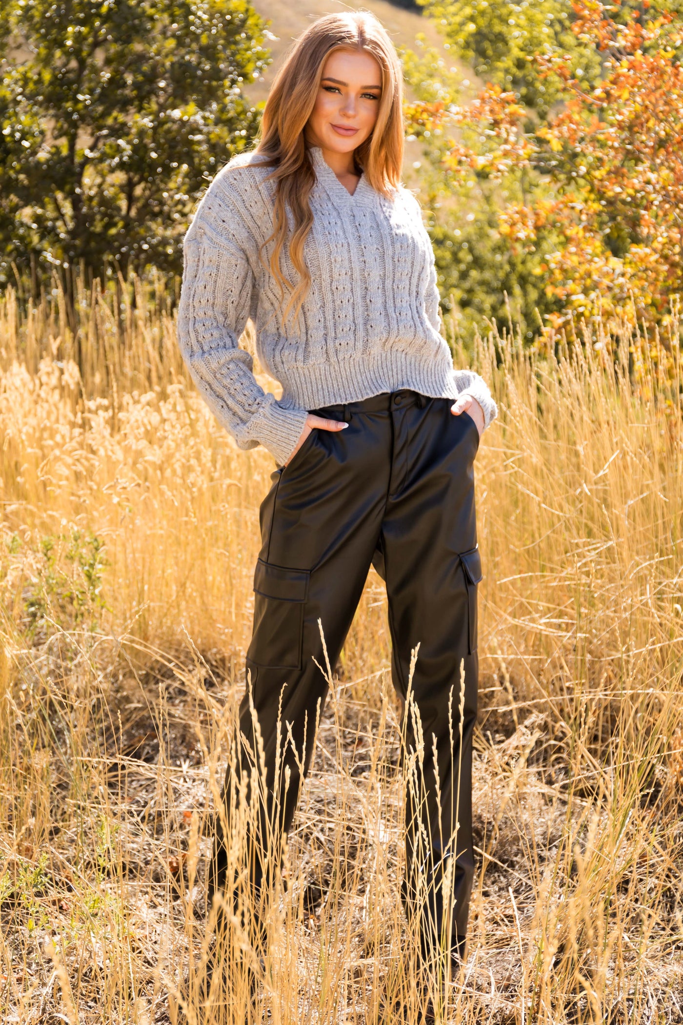 Dove Grey Notch Neck Cable Knit Sweater