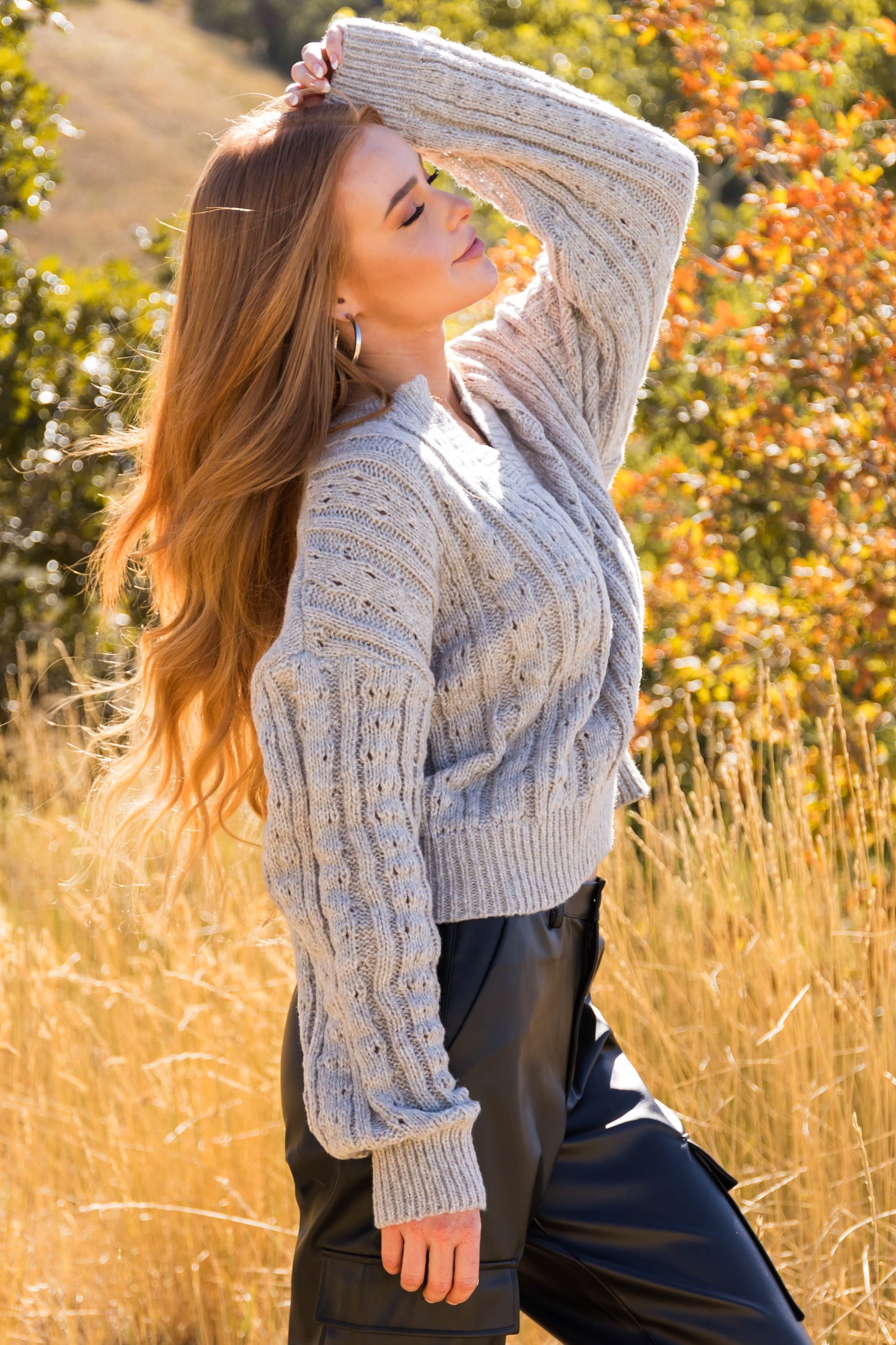 Dove Grey Notch Neck Cable Knit Sweater