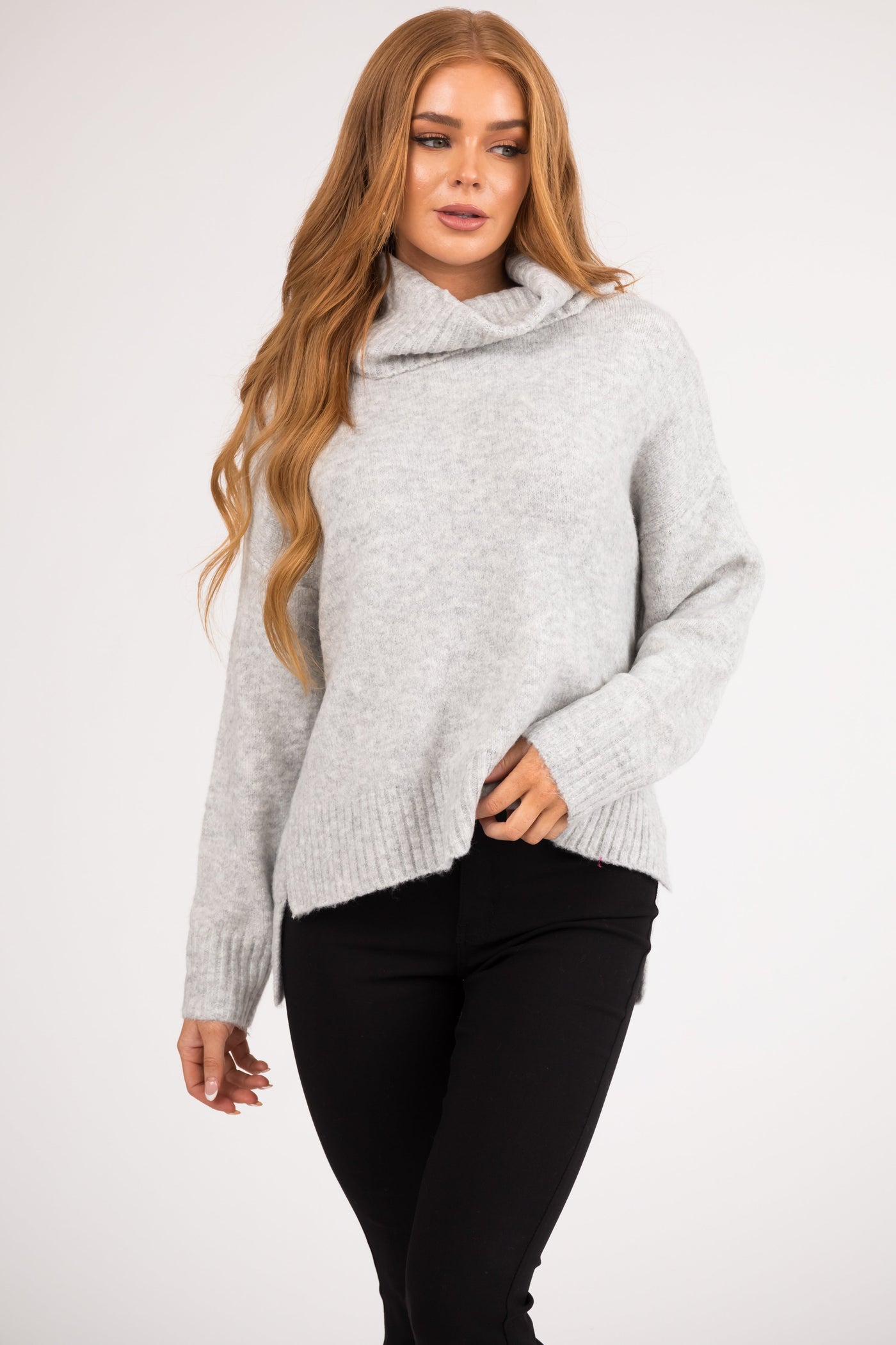Dove Grey Wide Turtleneck Side Slit Sweater
