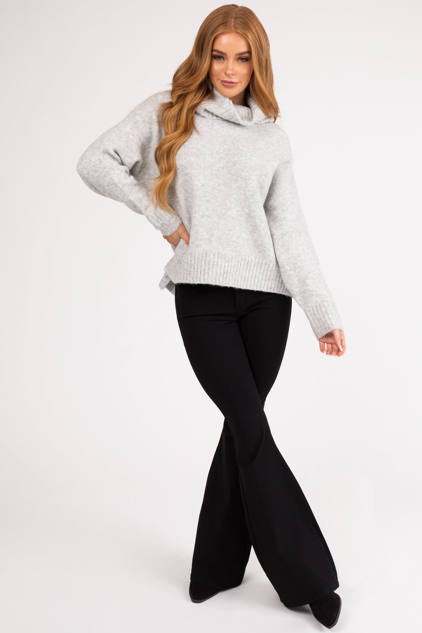 Dove Grey Wide Turtleneck Side Slit Sweater