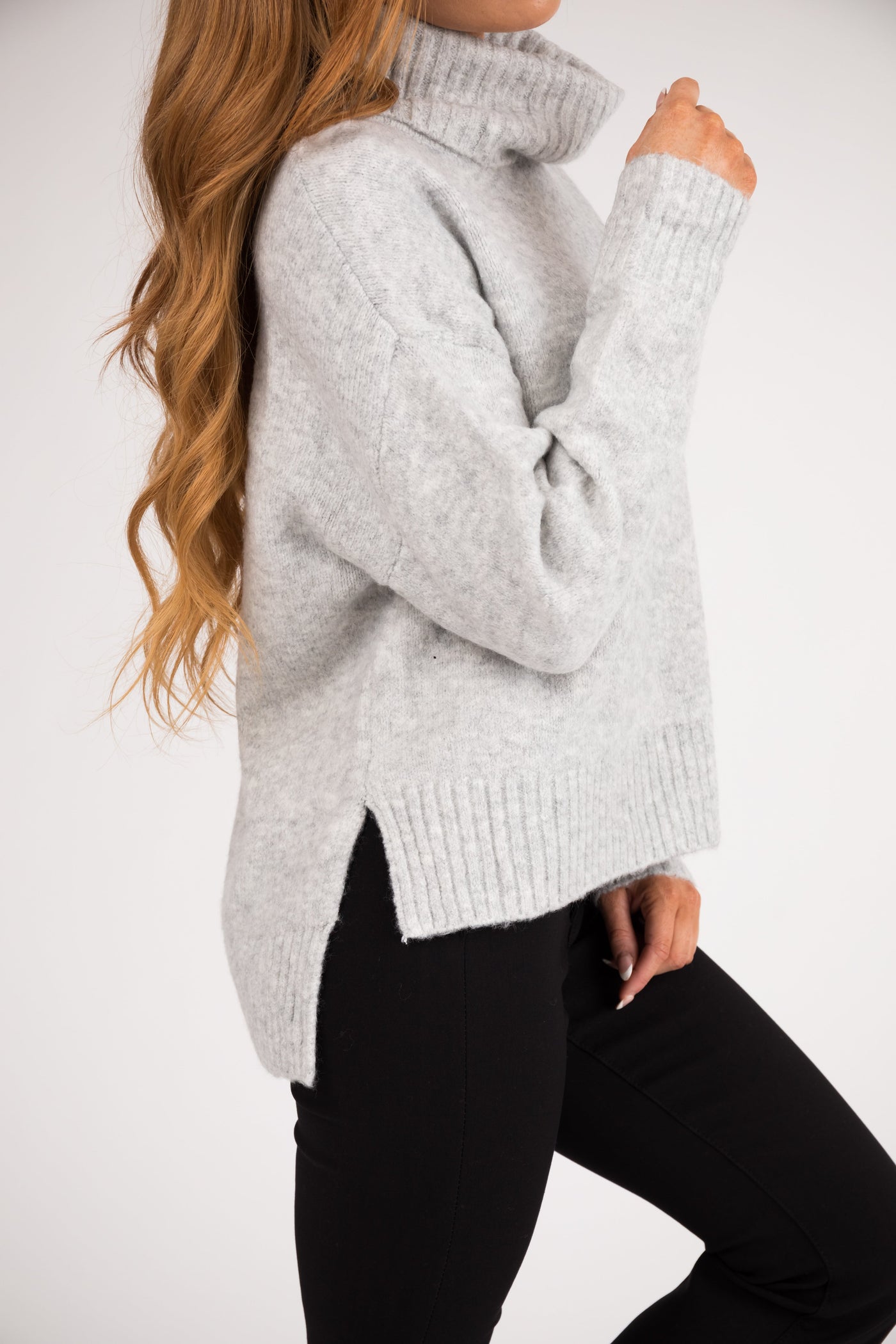 Dove Grey Wide Turtleneck Side Slit Sweater