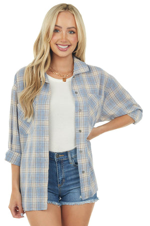 Dusty Blue Plaid Front Knot Button Down Shirt