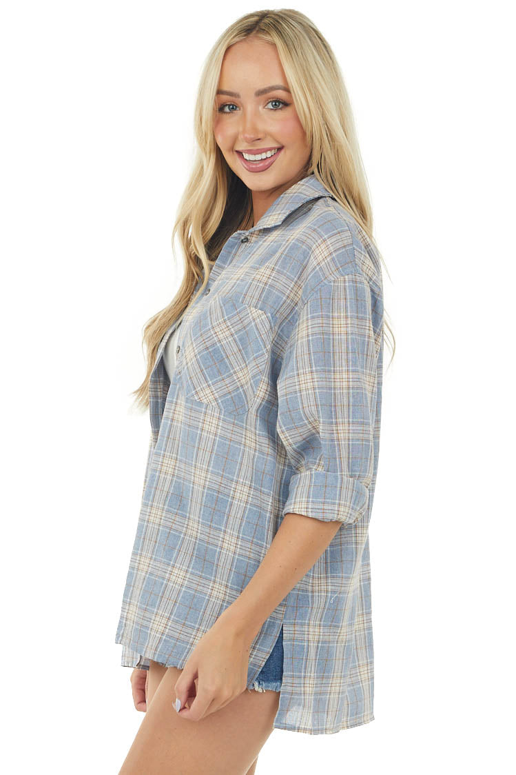 Dusty Blue Plaid Front Knot Button Down Shirt