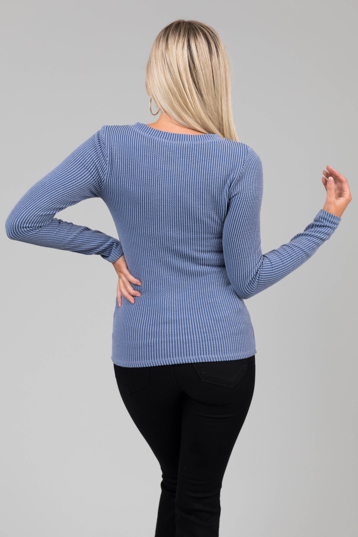 Dusty Blue Wavy Ribbed Knit Snap Button Top