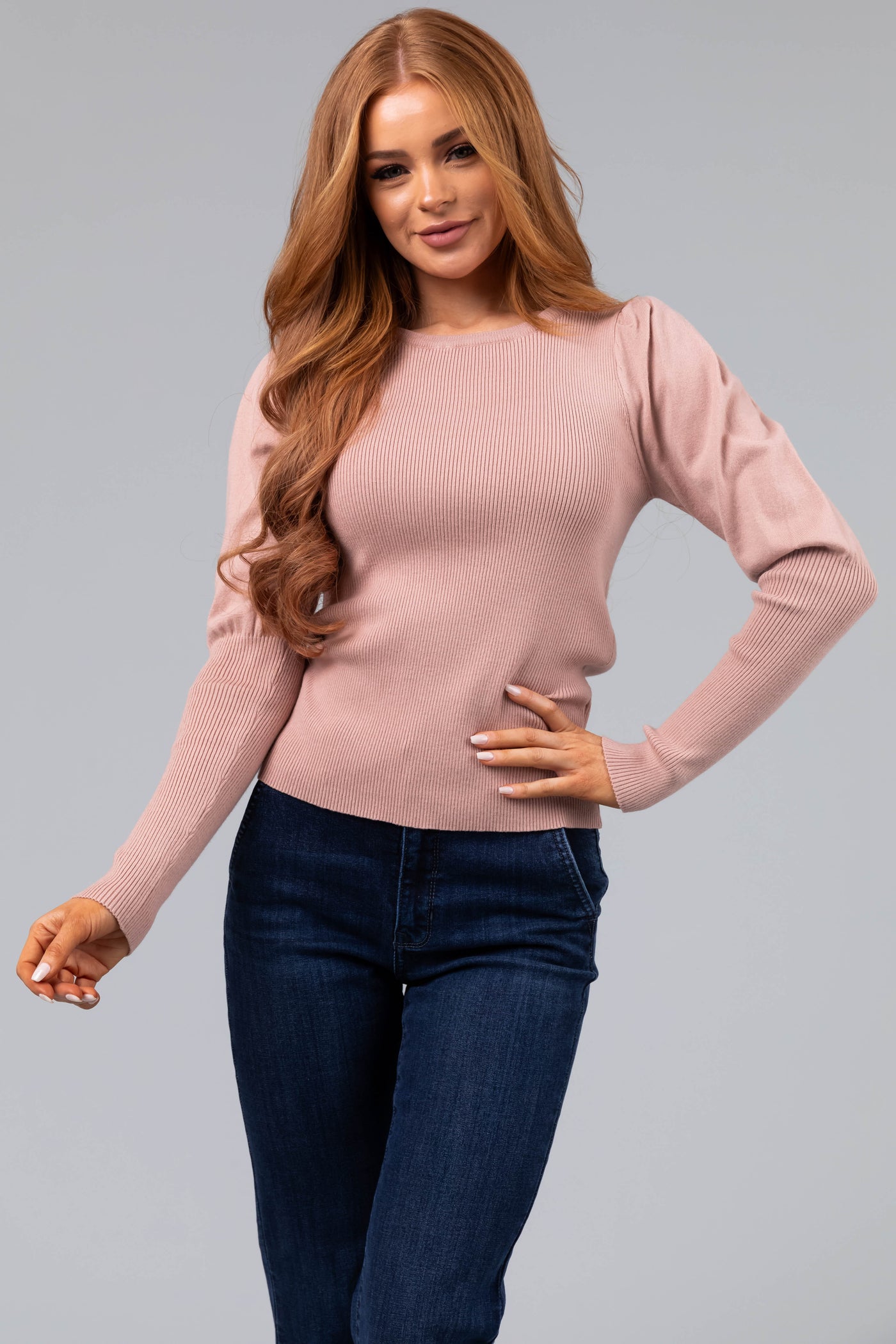 Dusty Blush Elongated Cuff Ribbed Knit Sweater