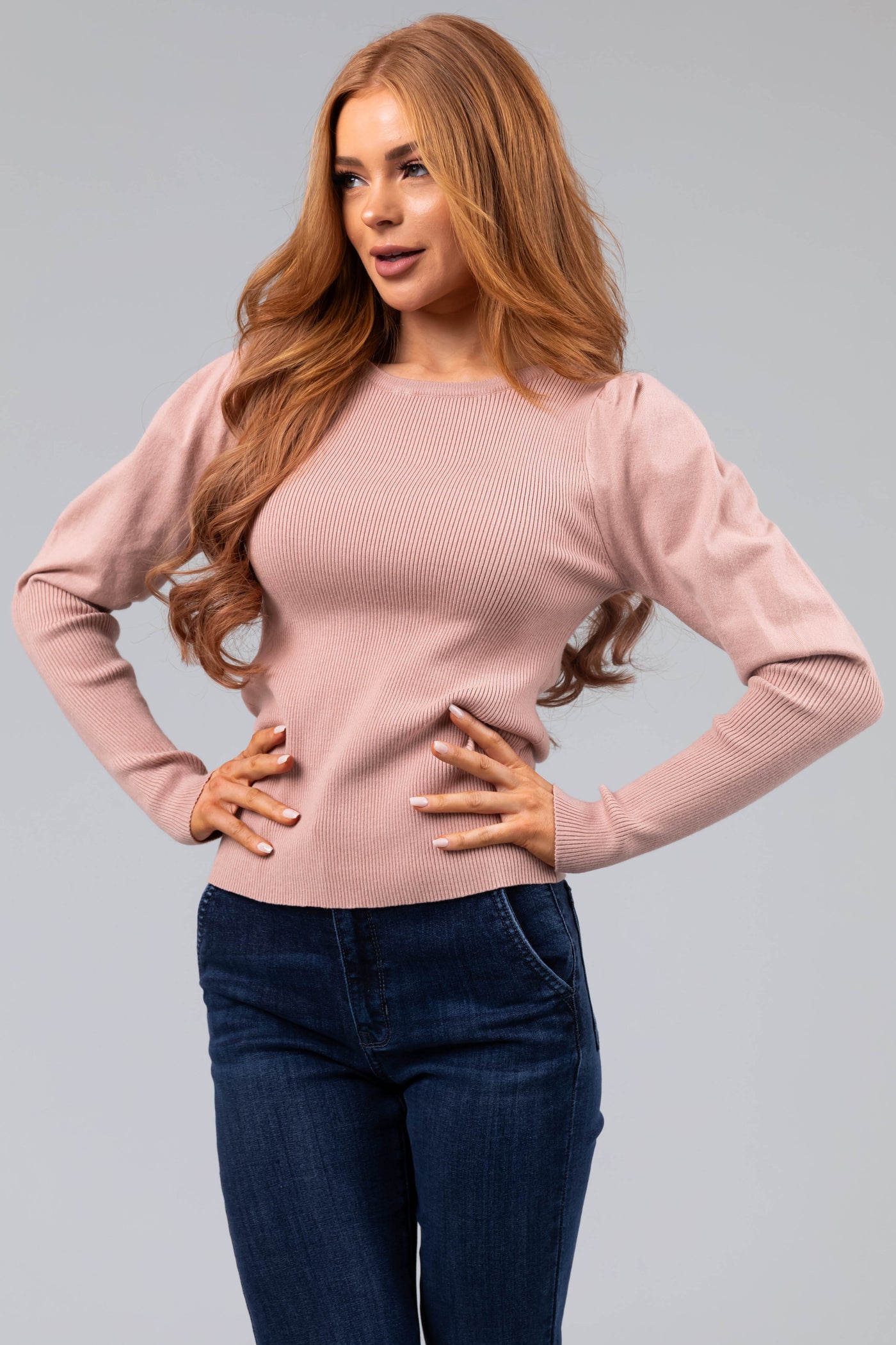 Dusty Blush Elongated Cuff Ribbed Knit Sweater